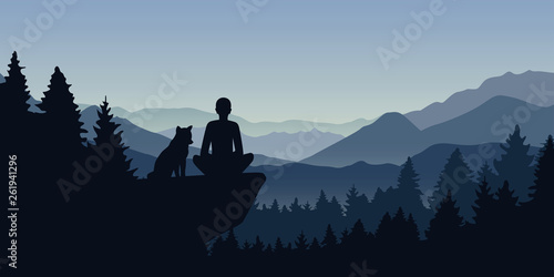 man and his dog on a cliff in the forest with mountain view nature landscape vector illustration EPS10