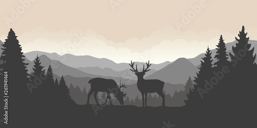 two reindeer in the mountains with forest landscape vector illustration EPS10