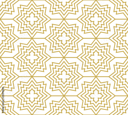Stars and crosses in gold color. Seamless geometric vector pattern in orienta...