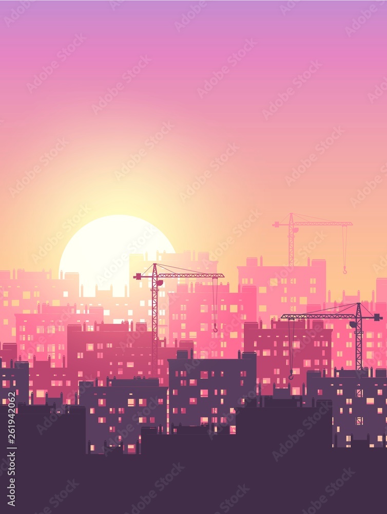 Metropolis industrial sunrise / sunset. Vector with negative space