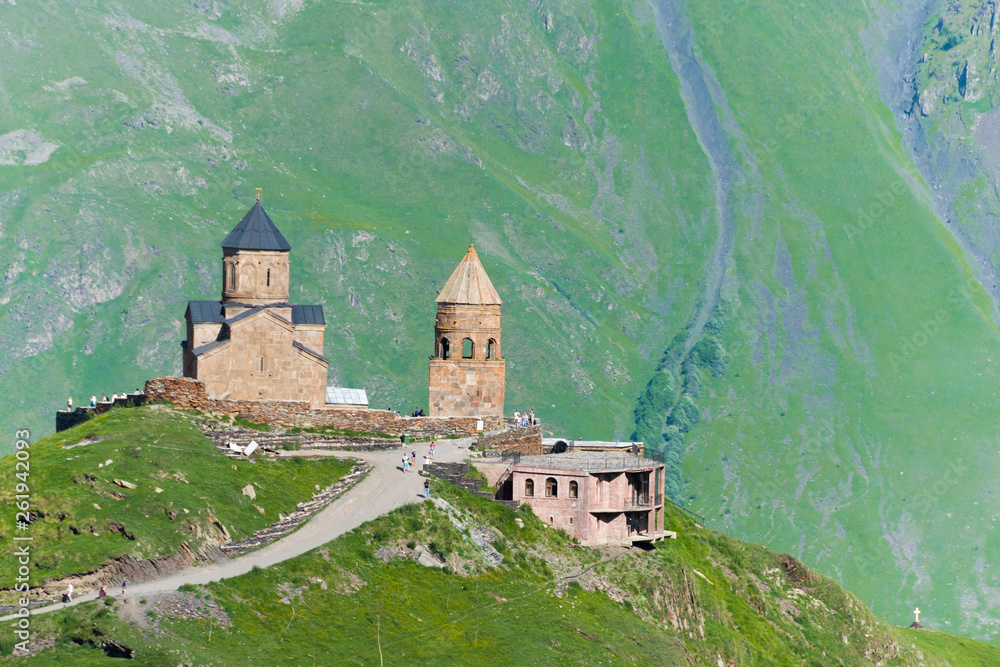 Kazbegi, Georgia - Jun 29 2018: Gergeti Trinity Church on Kazbegi National Park in Kazbegi, Mtskheta-Mtianeti, Georgia.