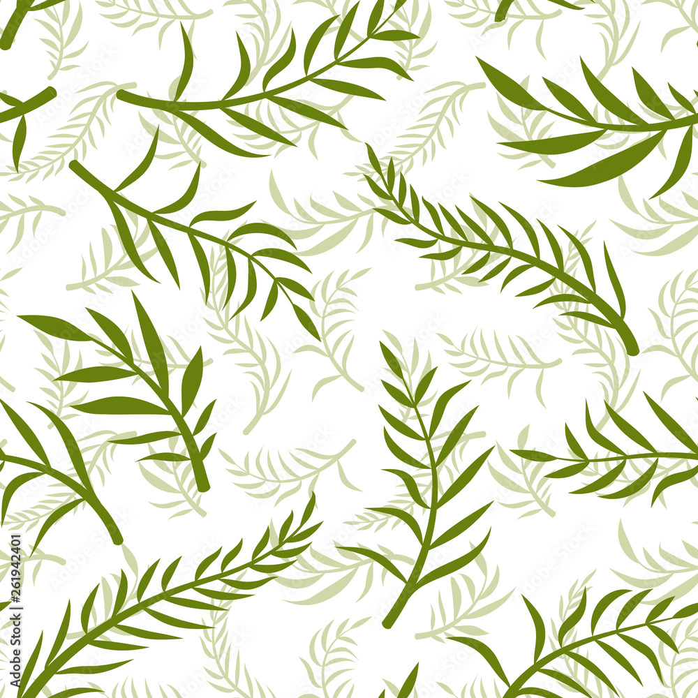 Tropical vector green leaves seamless pattern white background. Exotic wallpaper. Floral seamless pattern - Vector. Tropical vector green leaves seamless pattern white background. Exotic wallpaper. Floral seamless pattern - Vector.