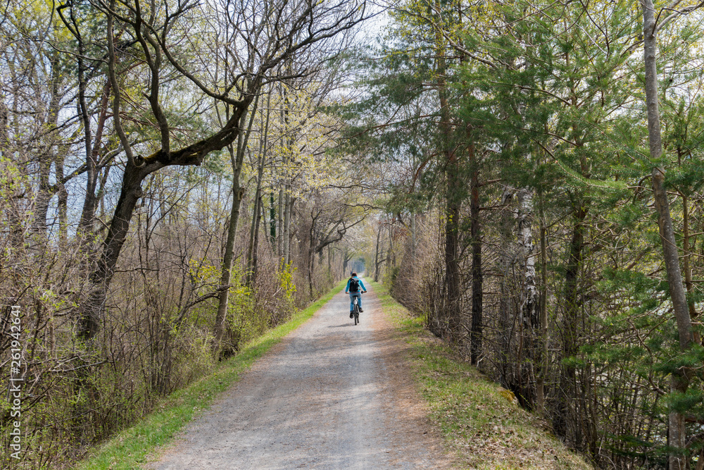 sporty woman riding a bicycle along a dirt path through a beautiful spring time colorful forest