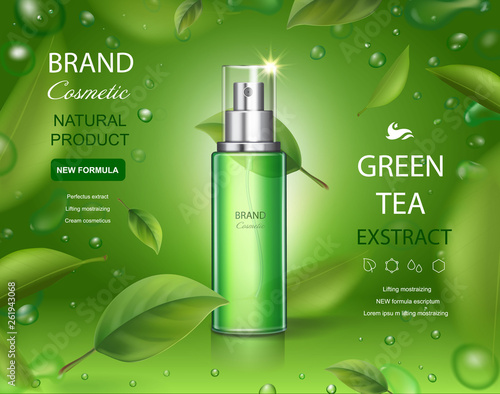 Green tea skincare moisture cosmetic spray ads with leaves flying on green background illustration