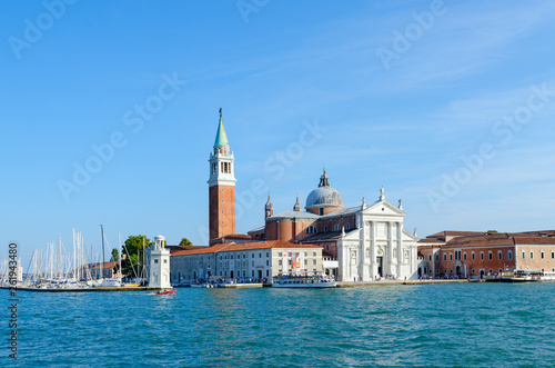 Beautiful view from sea to Cathedral of San Giorgio Maggiore on island, Venice, Italy