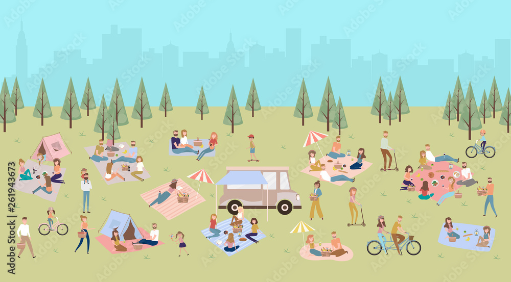 Fototapeta Summer picnic with active family vacation with kids, couples, families, relaxing on nature, ride bicycles and skateboard. Editable vector illustration