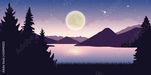 beautiful lake at night with full moon and starry sky mystic landscape vector illustration EPS10 photo