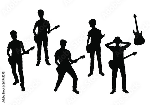Vector silhouettes of teenagers playing music on the guitar and sing, standing, black color, isolated on white background