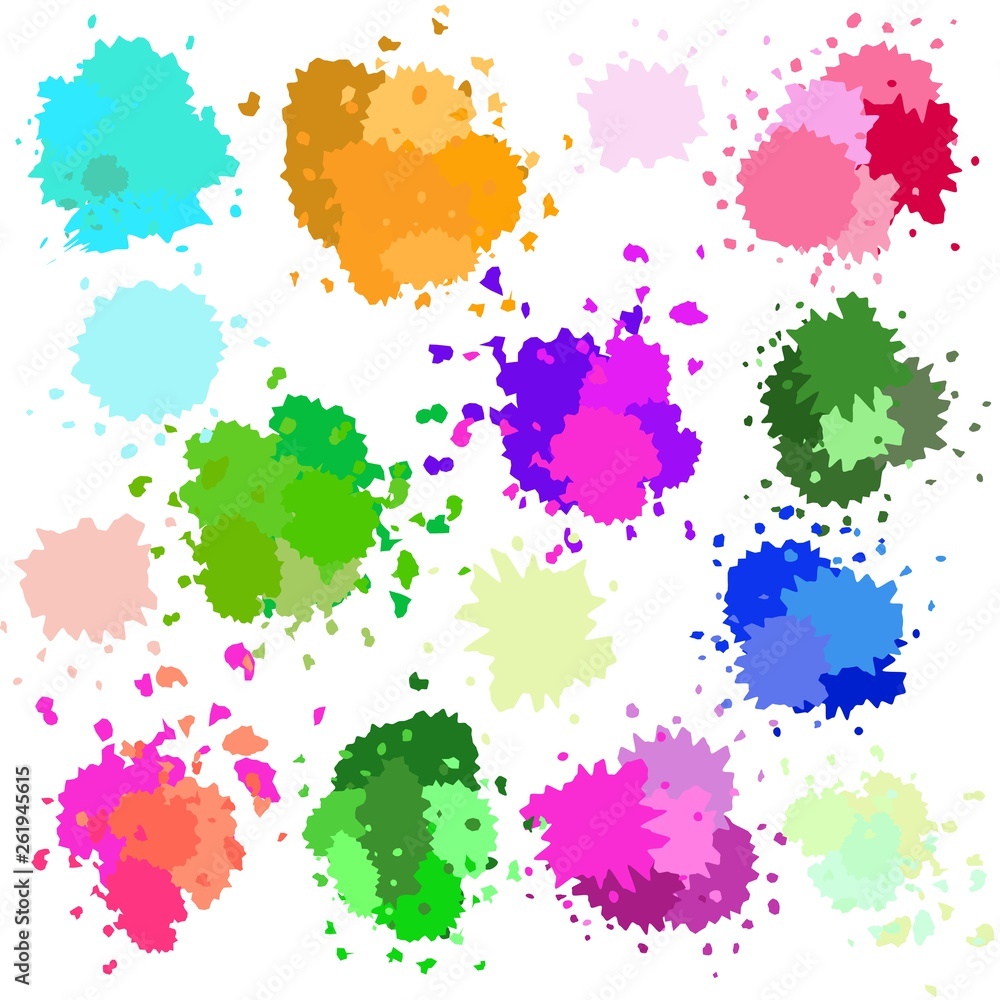 Paint, blots, splashes, drops, isolated watercolor stains in vector 
