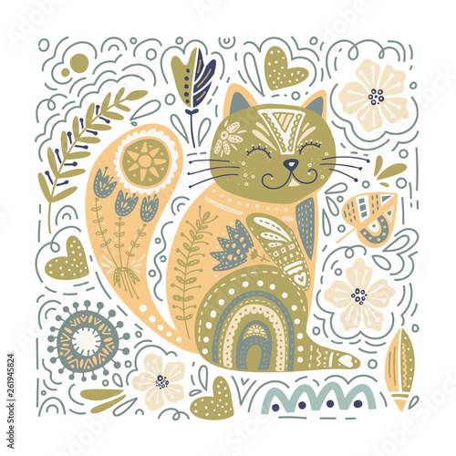 Folk art vector cat illustration.