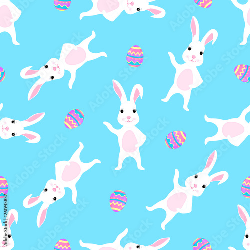 Easter bunny with paint egg in paws seamless pattern.