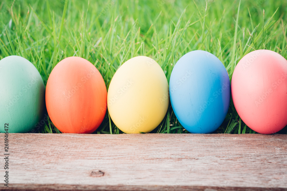 Easter egg on wooden garden grass background, happy easter day concept Easter egg on wooden garden grass background, happy easter day concept