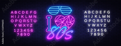 I love 80s neon sign vector design template. Back to the 80s neon logo, light banner design element colorful modern design trend, night bright advertising, bright sign. Vector. Editing text neon sign