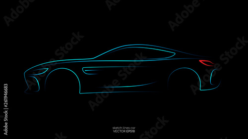 Modern car sketch line silhouette blue and green light isolated on black background in side view. Vector illustration in concept technology electric car, self drive car