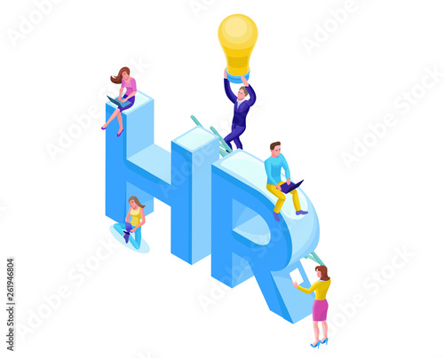 Job agency isometric infographic landing page template with 3d employer hiring talent worker, candidates search work via human resource mobile app, office business people, vector illustration