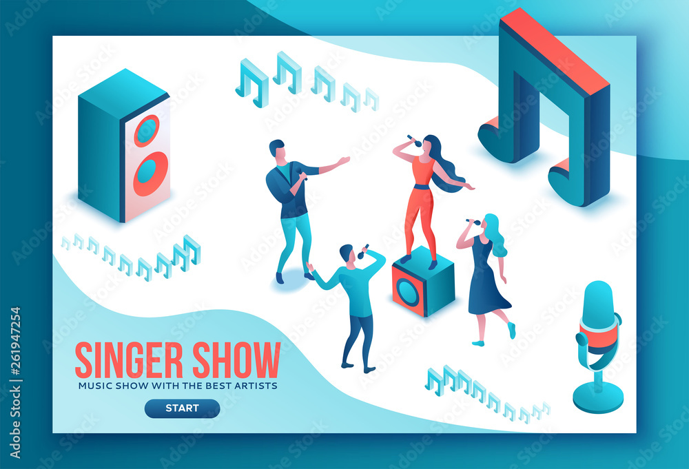 Isometric music radio show 3d illustration, modern concert poster, audio blog concept, vector landing page with people singing, microphone, guitar, podcast recording sound studio, living coral color