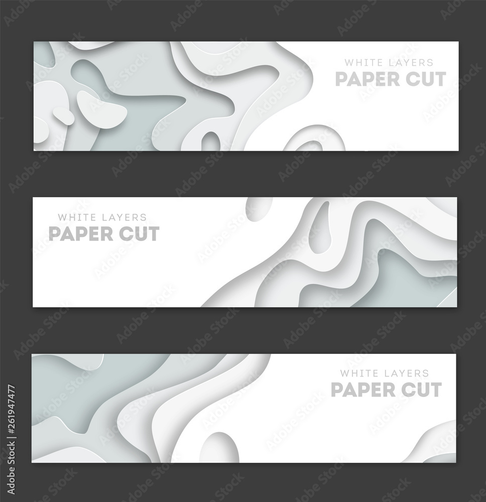 Horizontal white banners with 3D abstract background, white paper cut ...