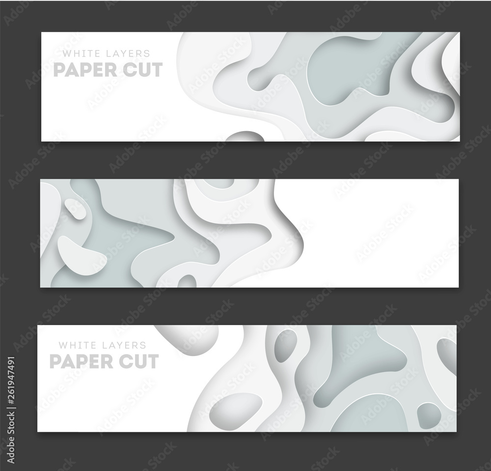 Horizontal white banners with 3D abstract background, white paper cut shapes. Vector design layout for business presentations, flyers, posters and invitations. Carving art