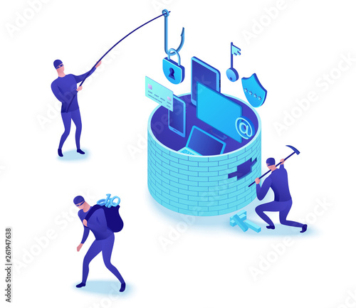 Firewall attack, phishing scam, data theft, hackers breaking wall to steal data, information protection concept, cyber crime, computer safety and security, 3d isometric illustration