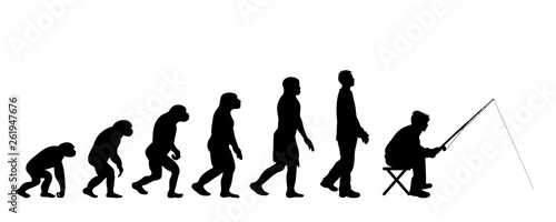 Painted theory of evolution of man. Vector silhouette of homo sapiens. Symbol from monkey to fisherman.