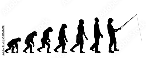Painted theory of evolution of man. Vector silhouette of homo sapiens. Symbol from monkey to fisherman.