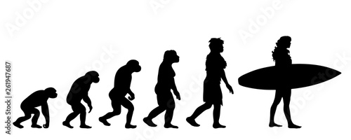 Painted theory of evolution of woman. Vector silhouette of homo sapiens. Symbol from monkey to surfer.
