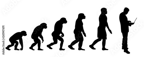 Painted theory of evolution of man. Vector silhouette of homo sapiens. Symbol from monkey to businessman.