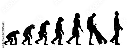 Painted theory of evolution of man. Vector silhouette of homo sapiens. Symbol from monkey to dressed man.