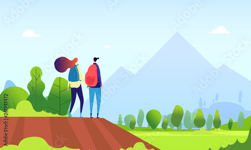 Hiking couple. Young female hike in nature landscape. Man and woman tourists, hikers in summer outdoors vector cartoon concept. Illustration of young woman and man in mountain trek