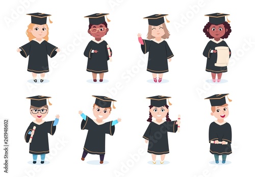 Graduate kids. Kindergarten preschool graduating children in graduation cap with diploma vector cartoon characters. Preschool education, kindergarten girl and boy graduation illustration