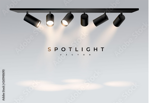 Six black moderns. shine in different directions. spot. Spotlights with white light collection isolated on transparent background. Spotlight for show, bright beam from projector, vector illustration