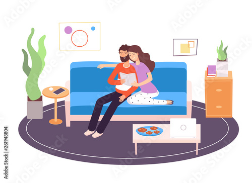 Couple reading. Young happy family reading and resting on couch in living room at home. Holiday relax indoor vector concept. Illustration of woman and man couple, leisure and relaxation