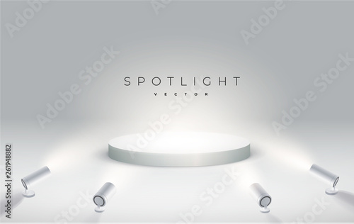 four spotlights shine from the bottom to the podium. Round podium, pedestal or platform illuminated by spotlights on white background. Stage with scenic lights. Vector illustration.