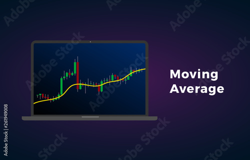 Moving Average indicator technical analysis. Vector stock and cryptocurrency exchange graph, forex analytics and trading market chart on laptop display screen