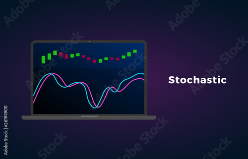 Stochastic indicator oscillator technical analysis. Vector stock and cryptocurrency exchange graph, forex analytics and trading market chart on laptop display screen