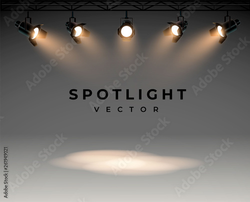 Spotlights with bright white light shining stage vector set. Illuminated effect form projector, illustration of projector for studio illumination eps 10
