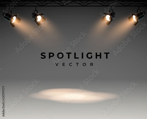 Spotlights with bright white light shining stage vector set. Illuminated effect form projector, illustration of projector for studio illumination eps 10