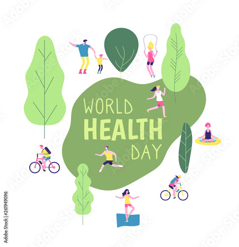 World health day concept. Healthy lifestyle man woman fitness diet fun runner healthcare vector background. Illustration of fitness runner, health run sport