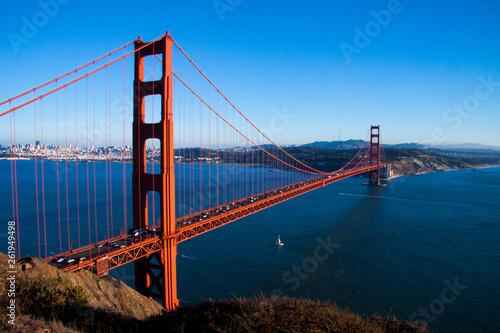 Golden Gate Bridge with San Francisco, USA in background. Top view of bridge and the bay on a sunny day with copy space.