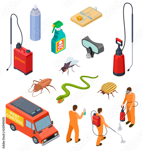Pest control isometric. Insect fumigation rodent poison exterminator specialist 3d sanitary disinfection pest disinfectant vector set. Illustration of pest and cockroach, protection service control