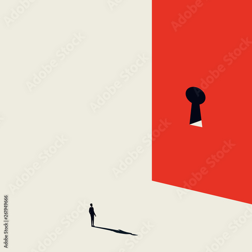 Business solution finding vector concept with keyhole on the wall. Minimalist artistic style. Symbol of innovation, opportunity, challenge, overcoming issues.