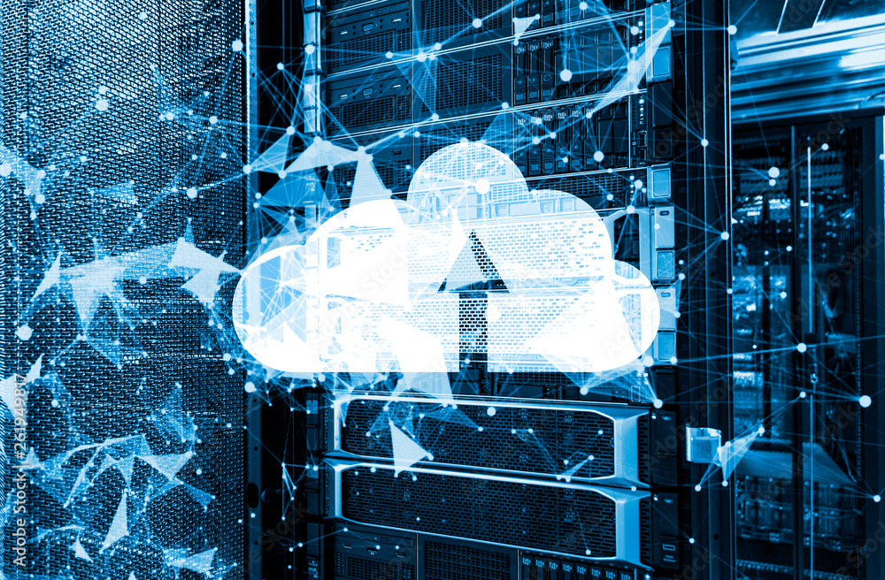 Cloud computing database design with neon plexus ton and cloud icon 3d ...