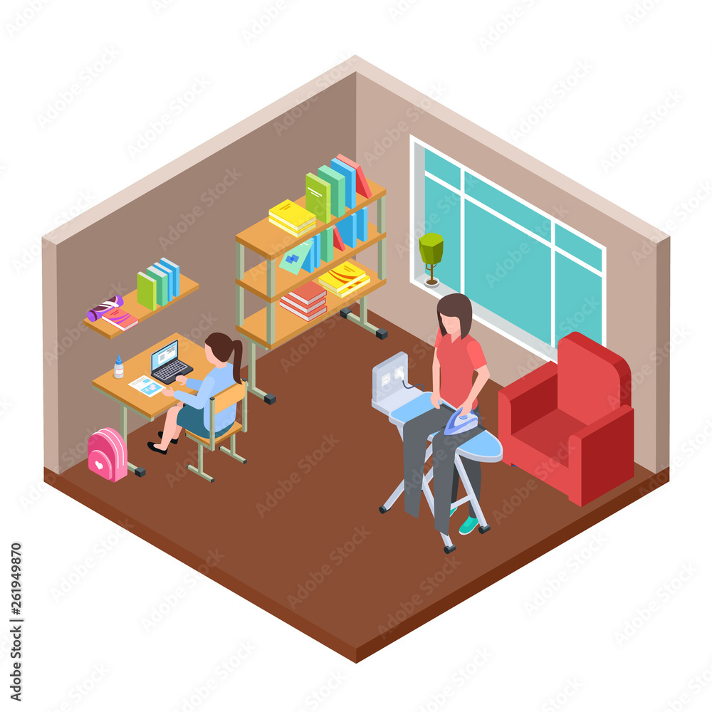 Family life isometric concept. Housewife and little girs in the room vector illustration. Isometric family housewife and little pretty girl Family life isometric concept. Housewife and little girs in the room vector illustration. Isometric family housewife and little pretty girl