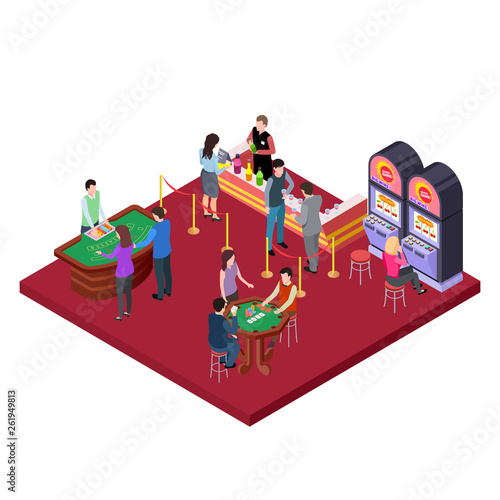 Casino interior with bar area isometric vector concept. Illustration of casino gambling isometric