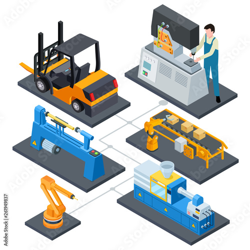 Computer controls production, factory automation processes isometric vector illustration. System plant automated, operator work on manufacture
