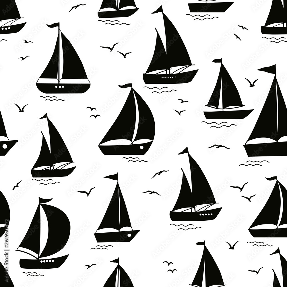 Seamless pattern with yacht silhouette on waves Seamless pattern with yacht silhouette on waves