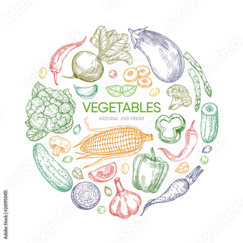 Fresh vegetables round banner vector design isolated. Illustration of vegetarian healthy, pepper and carrot