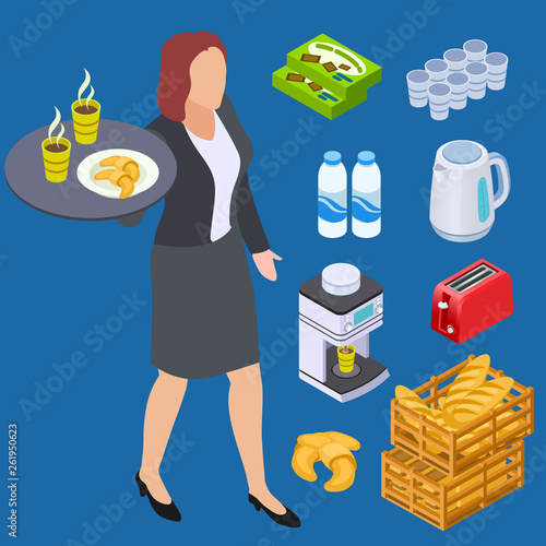 Coffee shop waiter, milk, bread, bakery products isometric vector elements. Illustration of coffee and food breakfast
