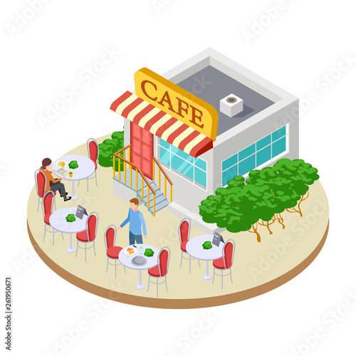 Cute summer street small cafe with outside tables isometric vector illustration. Cafe street, outdoor urban public restaurant