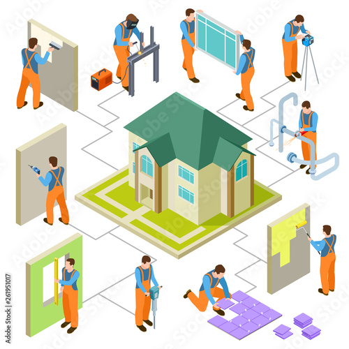 Construction, reconstruction and repair of the house isometric vector concept. 3d repair construction, house reconstruction, worker building illustration